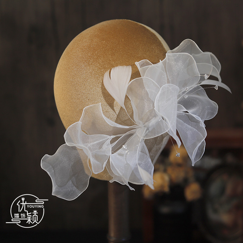 优颖手作白色花瓣羽毛发夹头饰新娘结婚复古婚纱礼服跟妆旅拍饰品