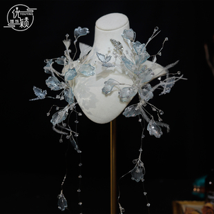 优颖超仙冰蓝色水晶羽毛花朵流苏新娘唯美发夹婚纱盘发拍照发饰