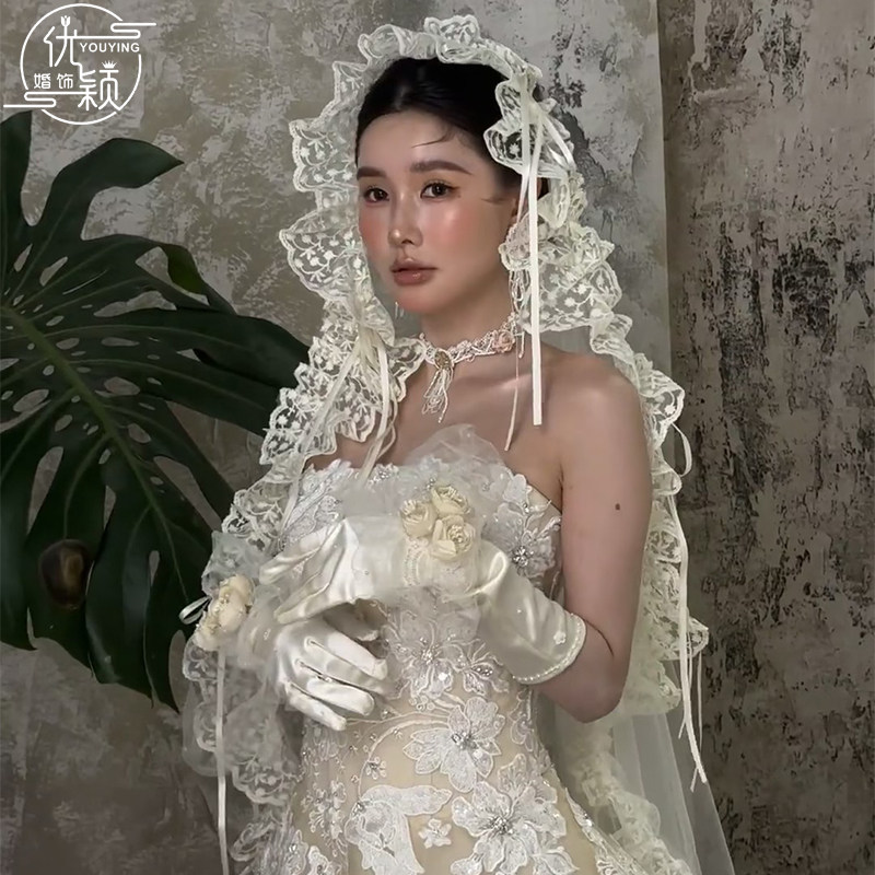 法式新娘头纱头饰蕾丝超仙森系主婚纱复古结婚礼服配饰高级感大气