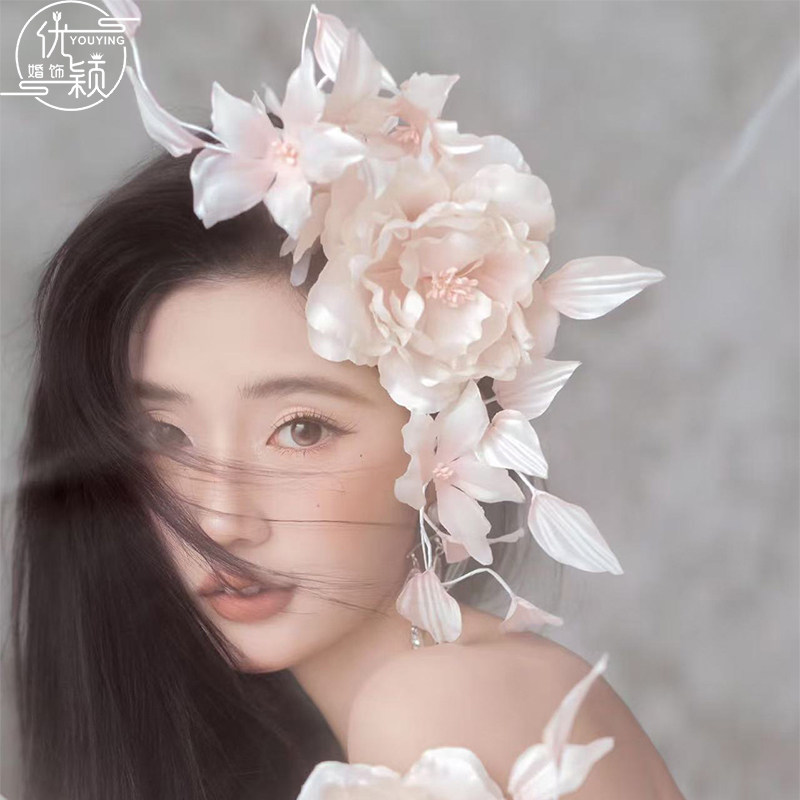 优颖新款白粉渐变花朵森系甜美仙气长款发夹不对新娘头饰拍照造型