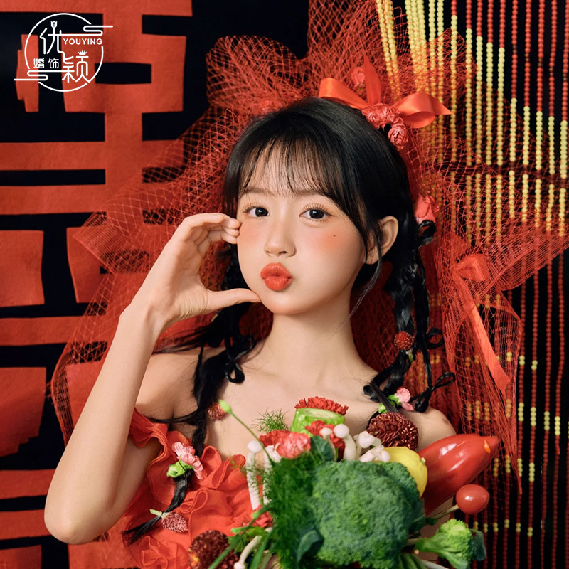 新娘红色头纱主婚纱超仙森系法式复古硬纱蓬蓬纱摄影拍照造型头饰