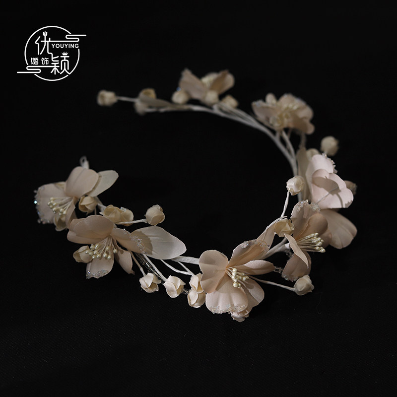 优颖甜美新娘香槟缎面手工栀子花花朵发箍头饰韩系婚纱铃兰花环