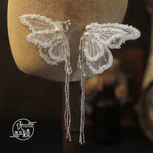 新款超仙蕾丝蝴蝶串珠长流苏款式耳环新娘耳夹婚纱礼服写真耳饰品