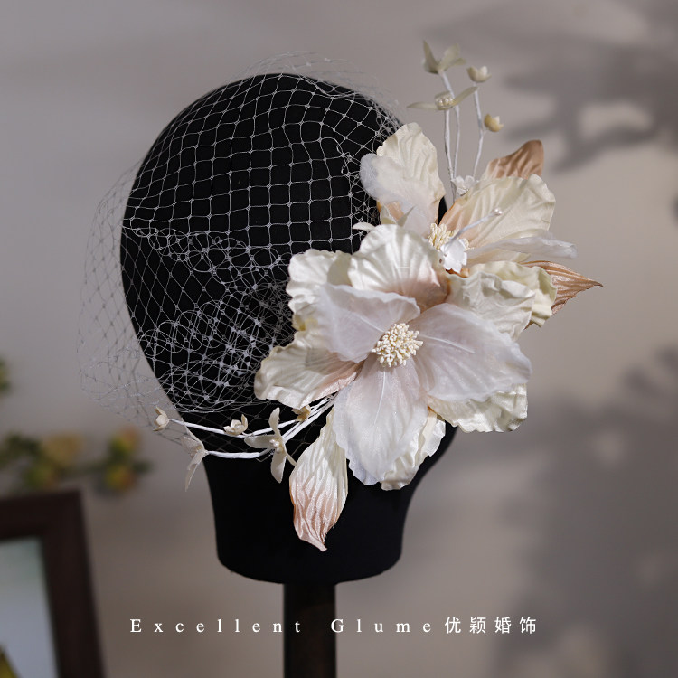 复古渐变色烫花发夹网纱遮面头饰