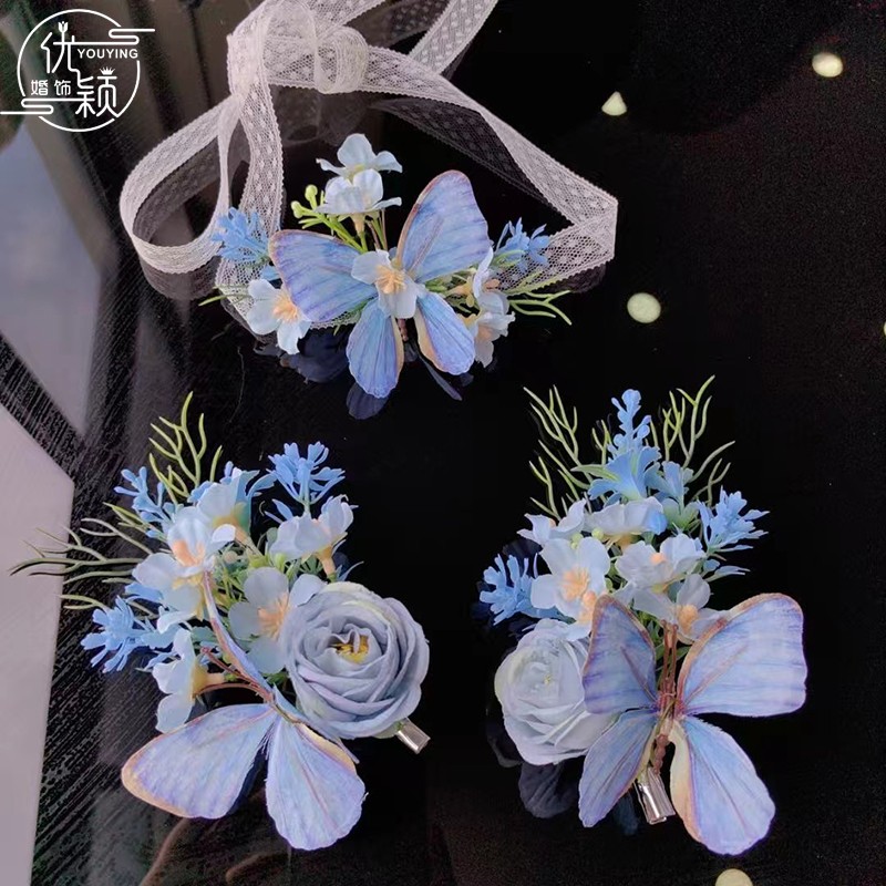 森系蓝精灵蝴蝶花朵项链套装旗袍晨袍造型头饰汉服小套装造型配饰