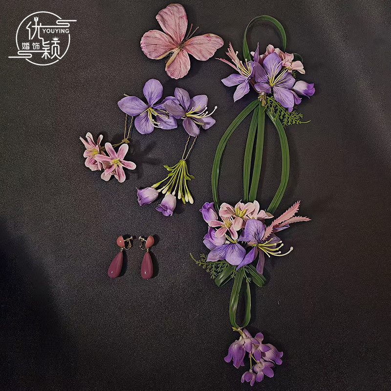 向南老师造型同款仿真花竹编花环中式新娘头饰秀禾服晨袍百搭款