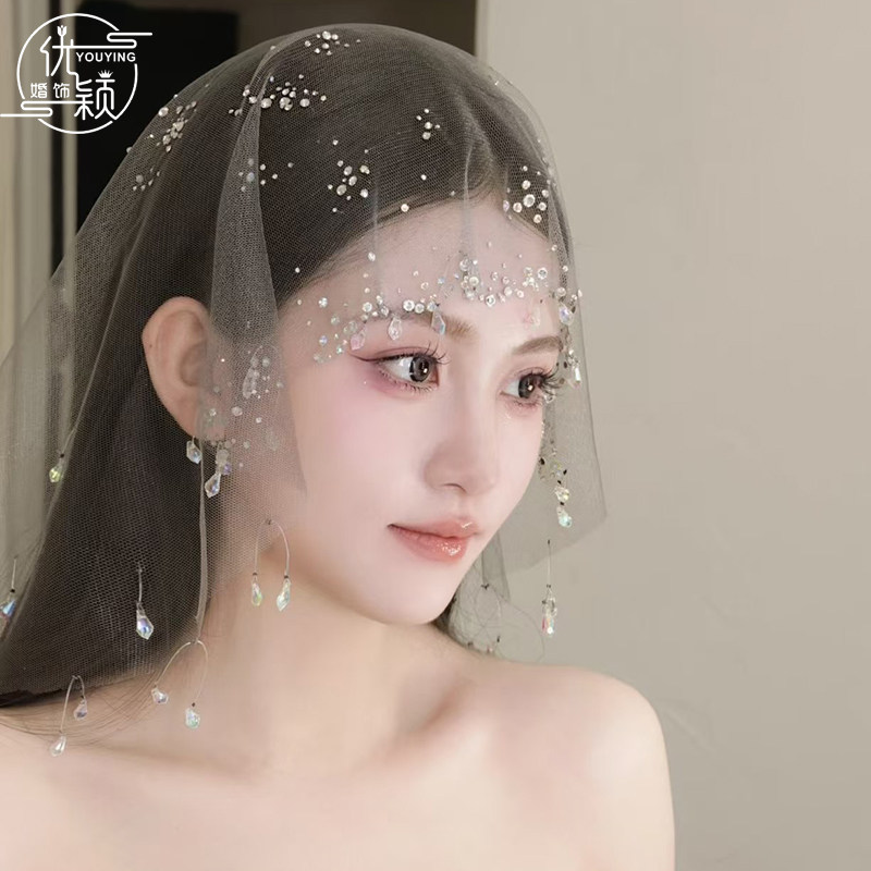 法式新娘水晶闪钻头纱头饰领证求婚纱短头纱高级感领证拍照发饰品