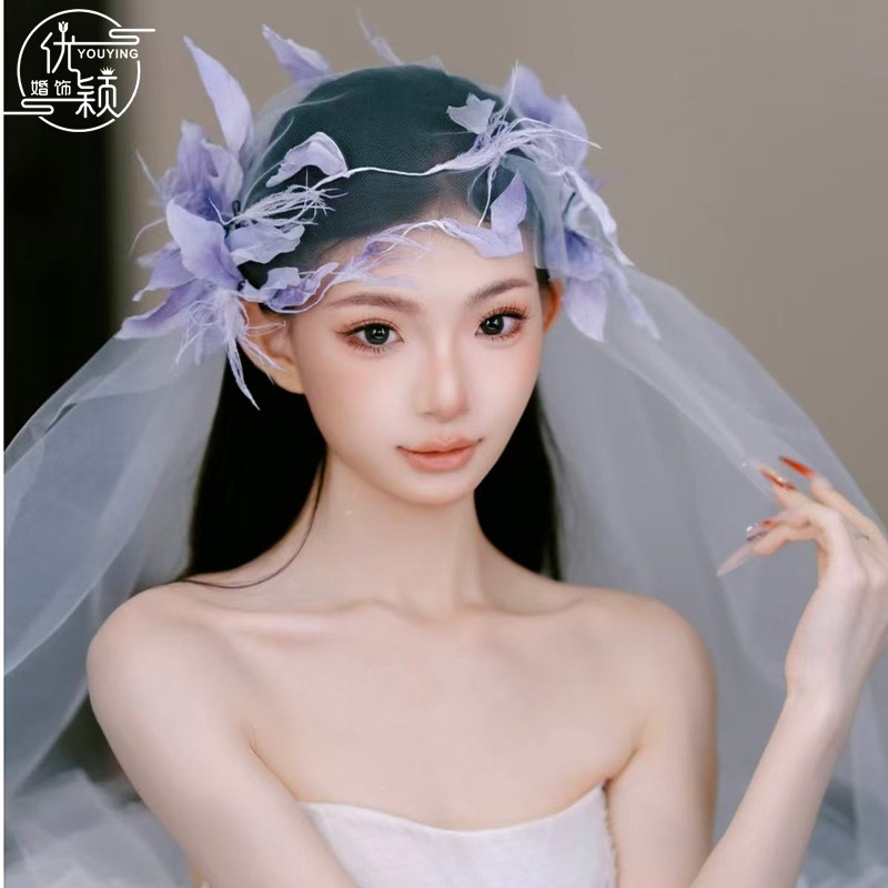 优颖新娘氛围感紫色渐变花朵羽毛发夹新娘婚纱唯美浪漫发饰配饰品