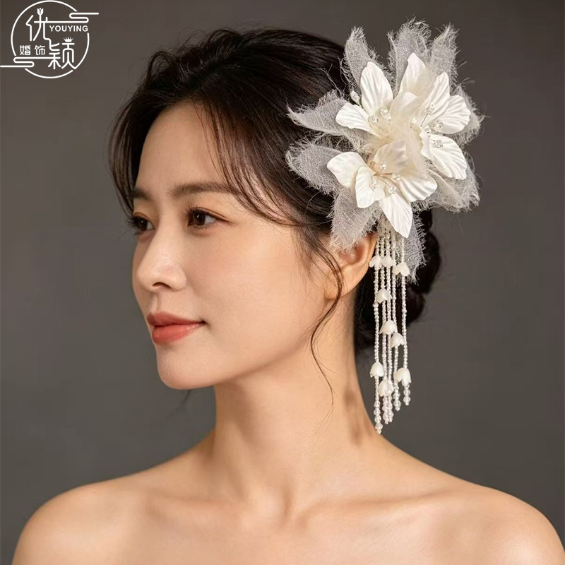 优颖新款法式复古花朵铃兰串珠流苏发夹绢纱超仙新娘结婚礼服配饰