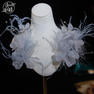 优颖新款仙女风羽毛花朵碎钻发夹水钻手工头饰礼服造型影楼配饰