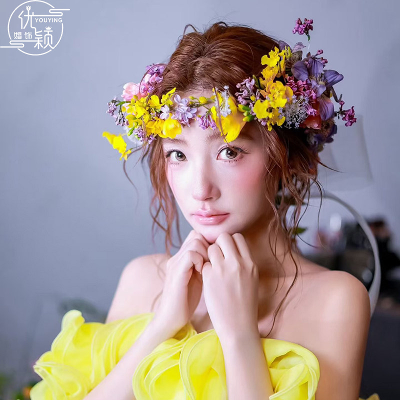 优颖新款清新森系花环新娘头饰甜美超仙写真发饰彩色花朵发箍发饰