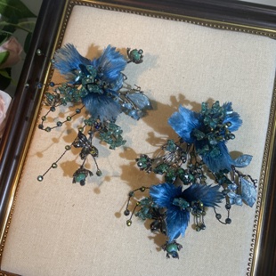 新款新娘蓝绿色头饰羽毛复古发饰晨袍秀禾服旗袍龙凤褂古风配饰品