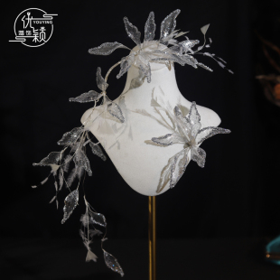 高级感仙气水晶闪粉凝胶花瓣羽毛新娘头饰大气高级感婚纱造型发饰