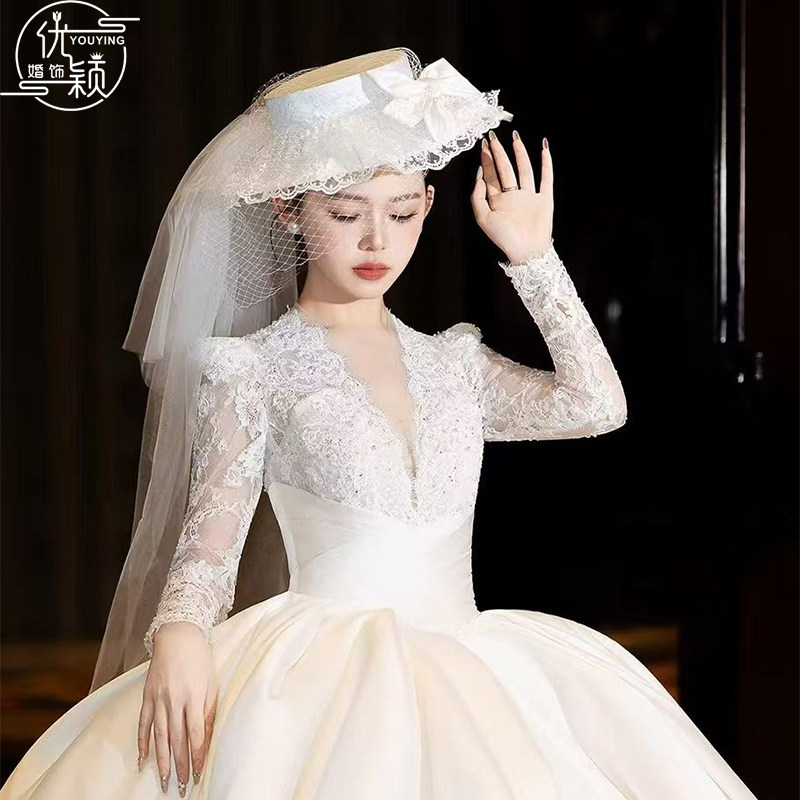 优颖新娘法式复古蕾丝蝴蝶结平顶礼帽新娘名媛优雅白色帽子发饰