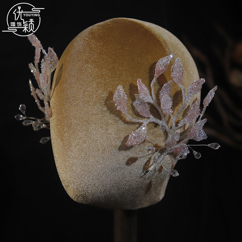 优颖超仙梦幻粉色蕾丝羽毛花朵新娘头饰头花发夹婚纱盘发对夹发饰