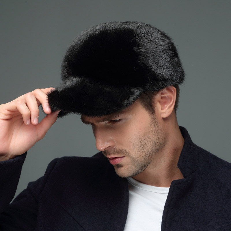 进口水貂毛皮草帽子男中老年冬季保暖护耳整张貂帽青年鸭舌真皮帽