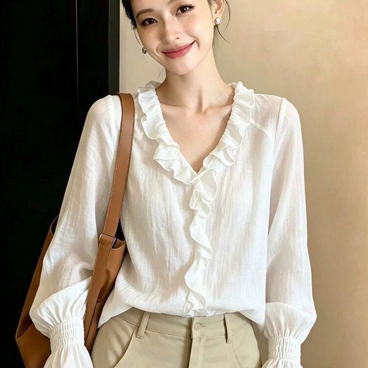 高法式浪漫衬衫女秋季新款荷叶边设计感宽松百搭优雅通勤上衣