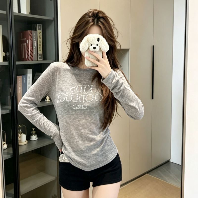 美式珍珠烫钻长袖t恤女夏早秋修身薄款防晒罩衫面膜tee