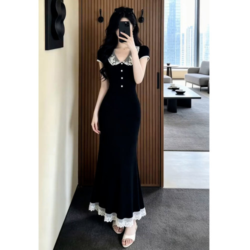 法式赫本风黑色蕾丝翻领连衣裙子女夏季2026新款超好看精显瘦长裙