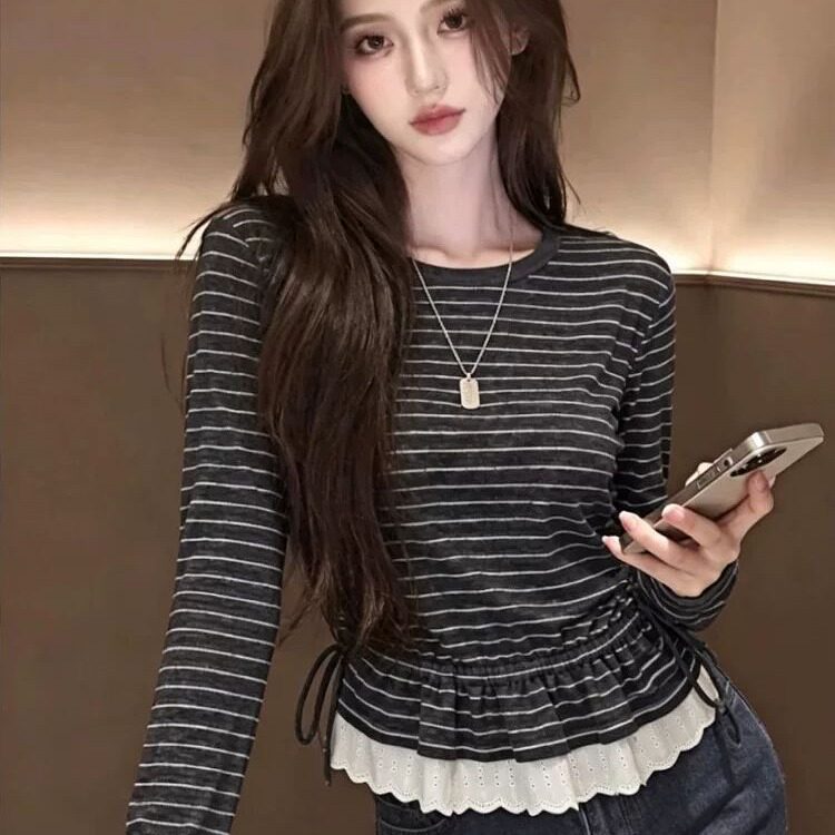 灰色条纹正肩长袖t恤女秋季设计感荷叶边下摆韩系chic