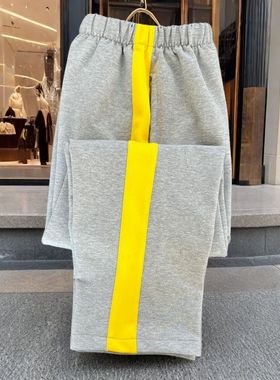 初高中生小学生浅灰色校服裤拼宽浅黄色杠金黄色条男女儿童运动裤