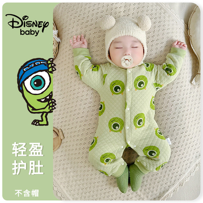 迪士尼婴儿秋冬衣服宝宝夹棉连体衣新生儿秋装保暖哈衣男棉厚哈衣