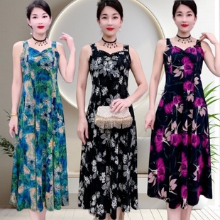 吊带背心连衣裙中长款夏季新款大码遮肚子显瘦冰丝印花内搭长裙子