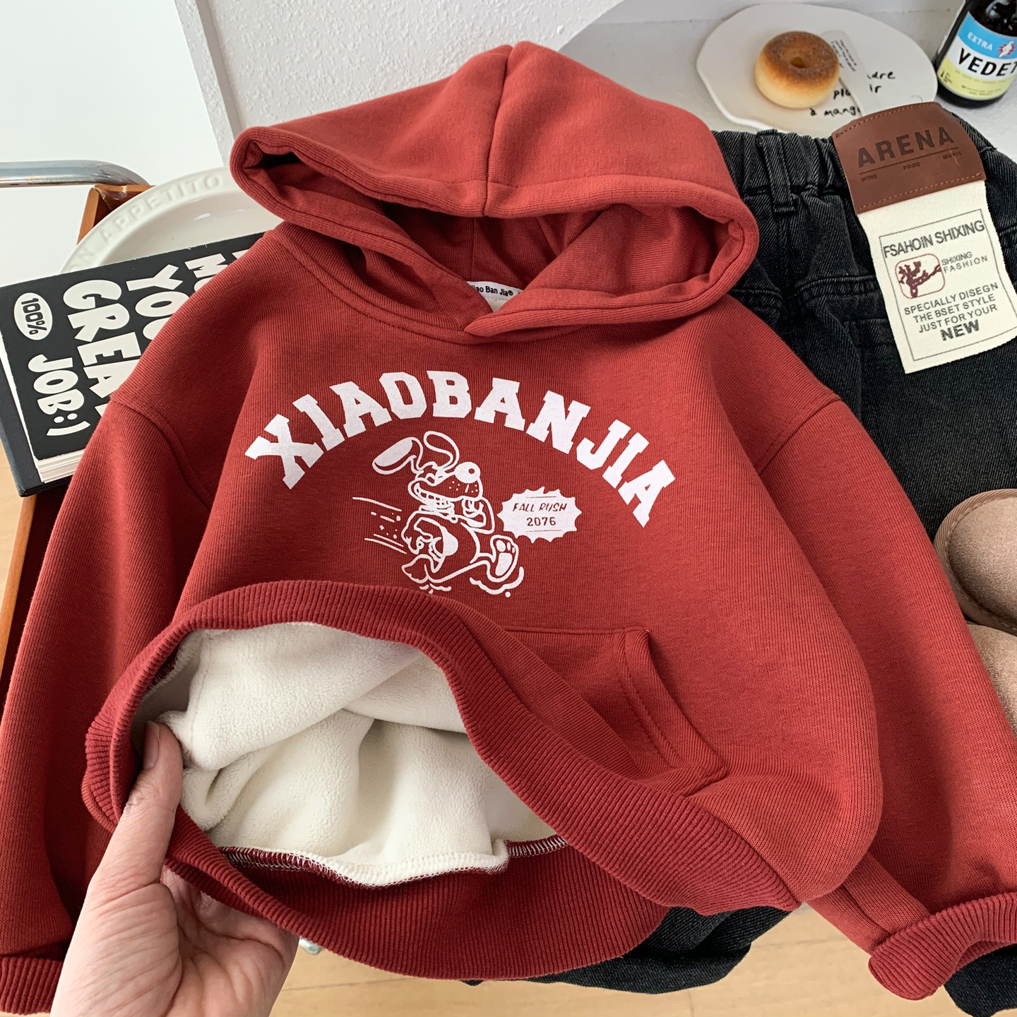 男童冬装韩版连帽红色一体绒卫衣