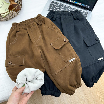 男童秋冬款棉布一体加绒工装裤