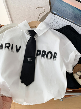 学院风男童纯棉短袖衬衫夏季帅气领带儿童白色休闲衬衣薄款夏装潮