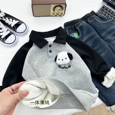 男童秋冬季卡通一体加绒翻领卫衣