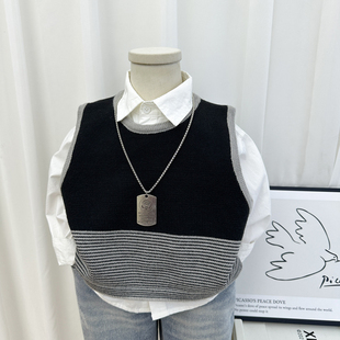男童春装上衣2024新款儿童韩版时髦短款针织马甲宝宝春秋毛衣背心