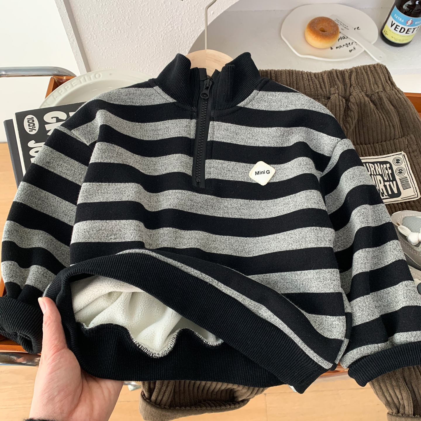 男童冬装加绒条纹立领加厚卫衣