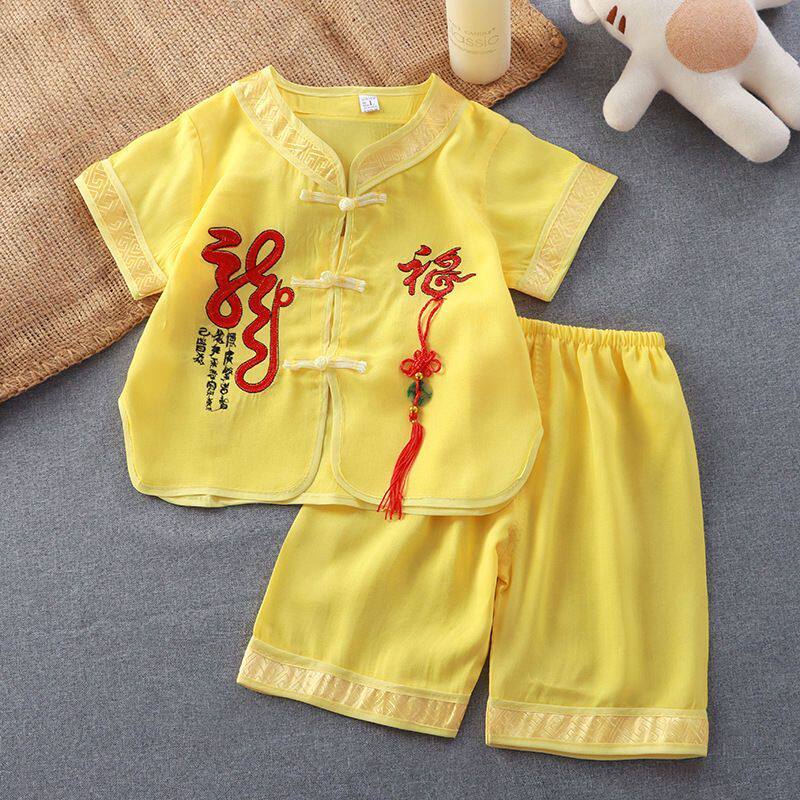 端午节婴儿衣服黄色百天照相抓阄唐装棉绸短袖套装中国风男女童