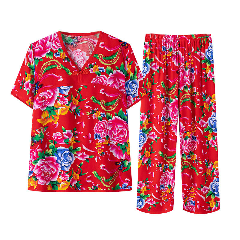 东北大花女装时尚短袖睡衣套装棉绸家居服女款夏季绵绸薄款透气