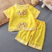 双麒麟女童 套装 端午节宝宝衣黄色婴儿百天照相抓阄唐装 棉绸短袖