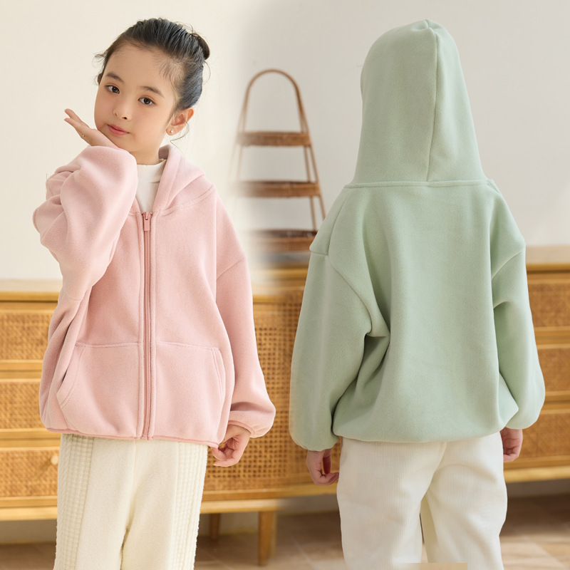 儿童加绒一体冲锋衣摇粒绒新款男女孩冬装上衣保暖连帽外套加厚