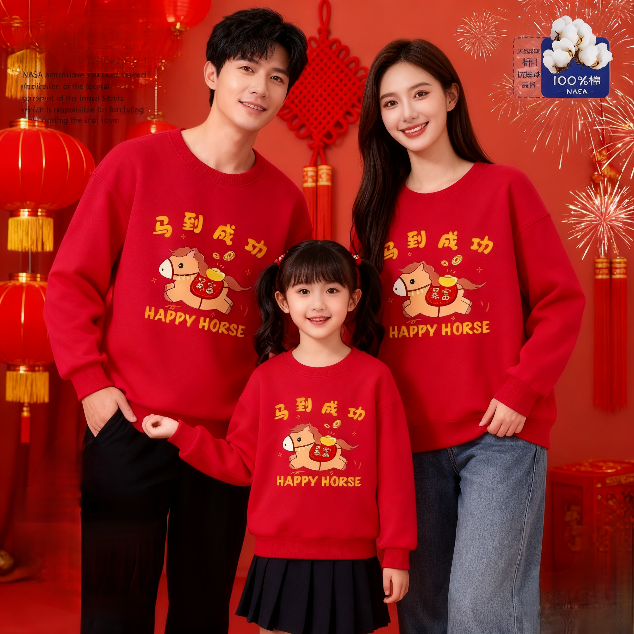 马到成功卫衣26马年福气满满一家三四口拜年服纯棉加绒红色卫衣