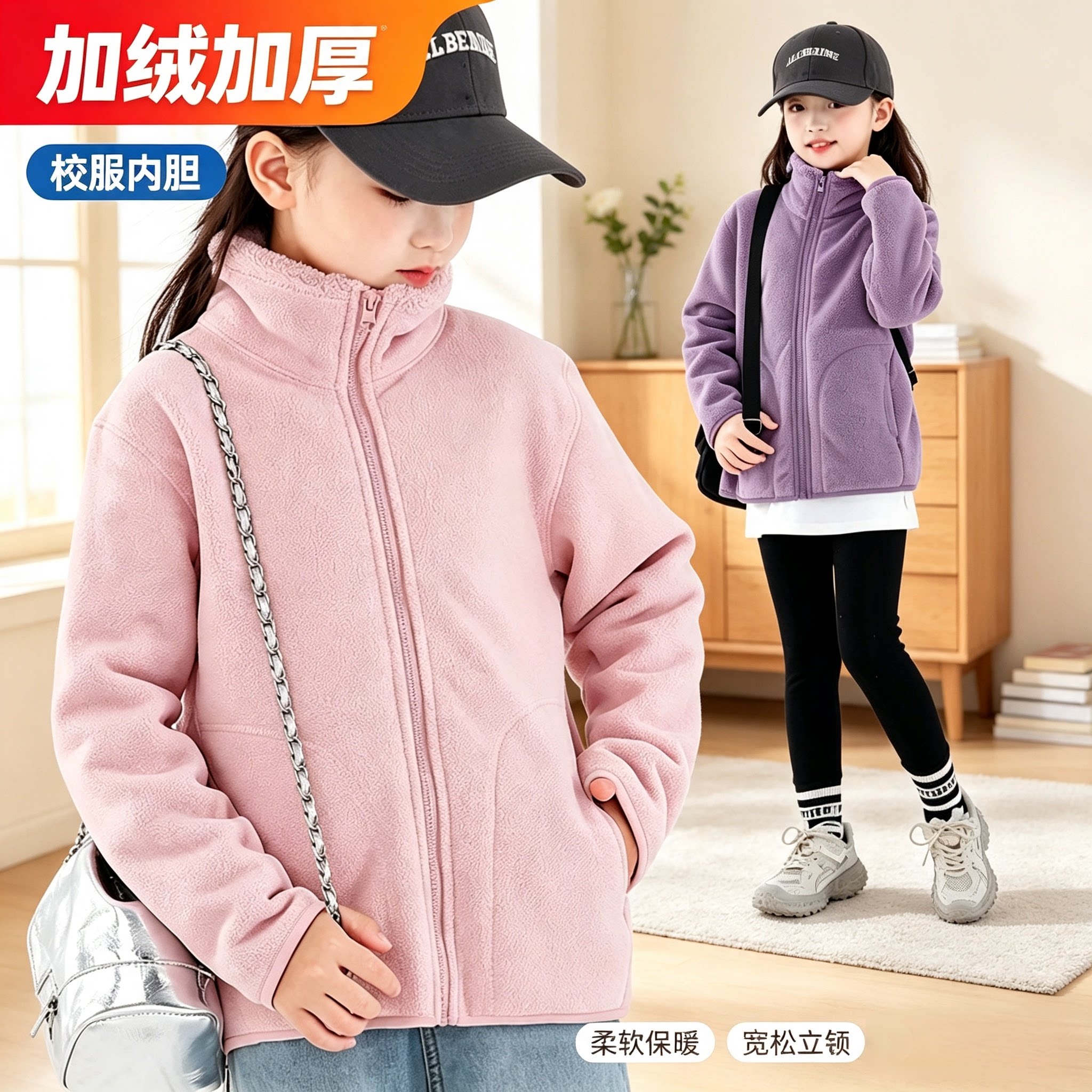 初中女生校服内搭神器摇粒绒外套加绒加厚内胆开衫保暖羊羔绒上衣
