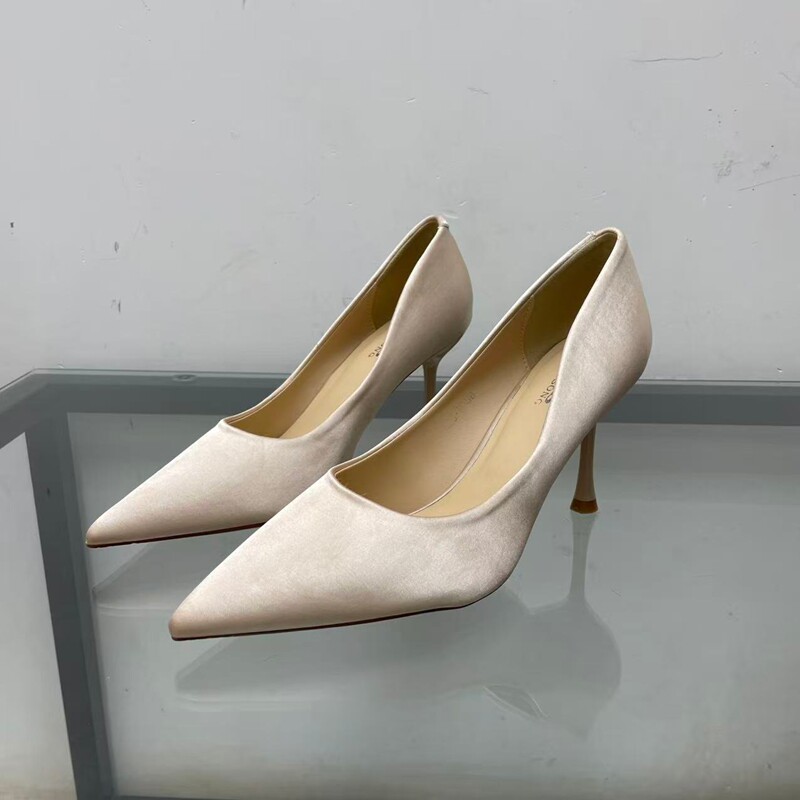 法式时尚尖头浅口单鞋女细跟高跟百搭通勤工作鞋女鞋杏色外贸女鞋