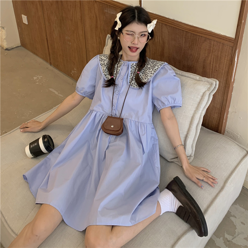 Real price loose baby collar contrast dress