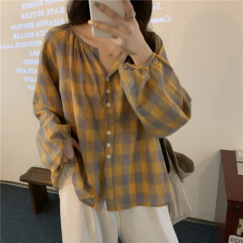 Real price simple loose Lantern Sleeve Plaid Shirt