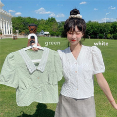 Real price Chiffon short sleeve shirt with baby collar lace stitching