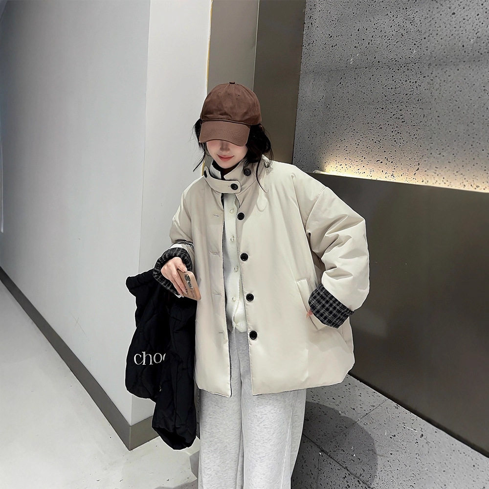 立领两面穿棉服女2025冬季新款复古小个子休闲百搭白杏色加厚外套