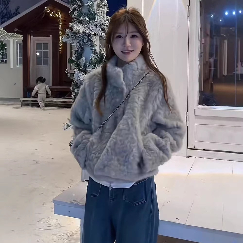 韩系立领羊羔绒皮毛一体外套女2025秋冬新款宽松百搭加厚毛毛上衣