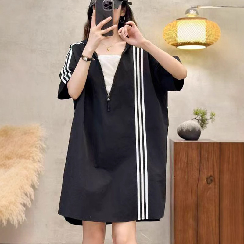 卫衣裙T恤裙2025夏装新款大码女装拉链宽松显瘦运动休闲A字