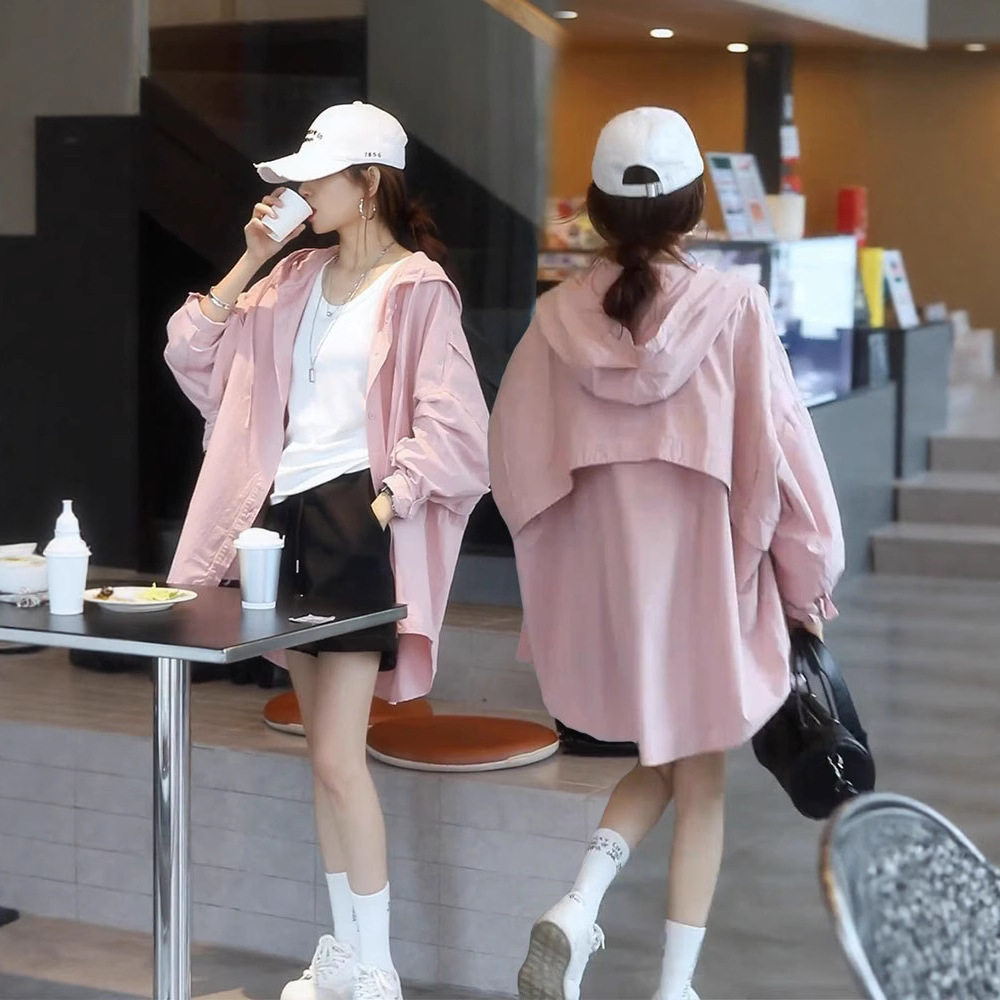 休闲宽松大版连帽衬衫女春夏季新款韩版防晒衣时尚百搭衬衣外套女