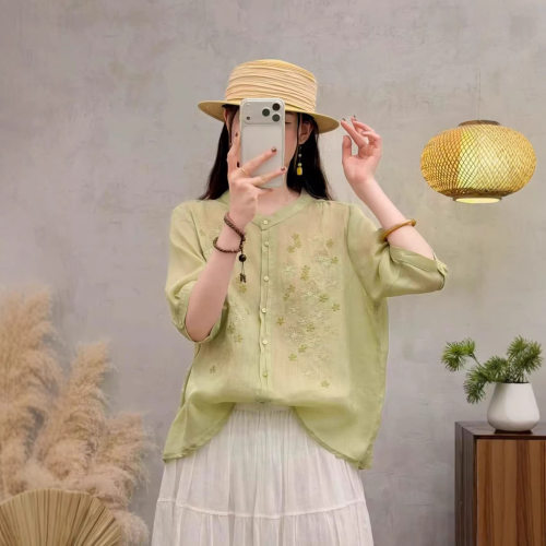 2026年夏款衬衫短袖女苎麻小衫半袖刺绣国风复古薄款衬衣宽松新款