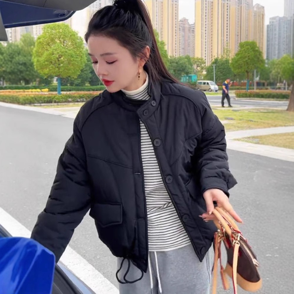 短款夹棉菱格加厚羽绒棉服外套女2024冬季洋气宽松立领保暖棉袄
