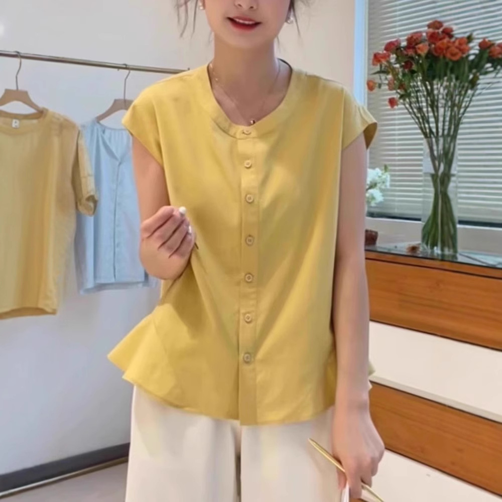 高级黄色荷叶边小飞袖衬衫女夏季2025新款独特别致短袖t恤小上衣